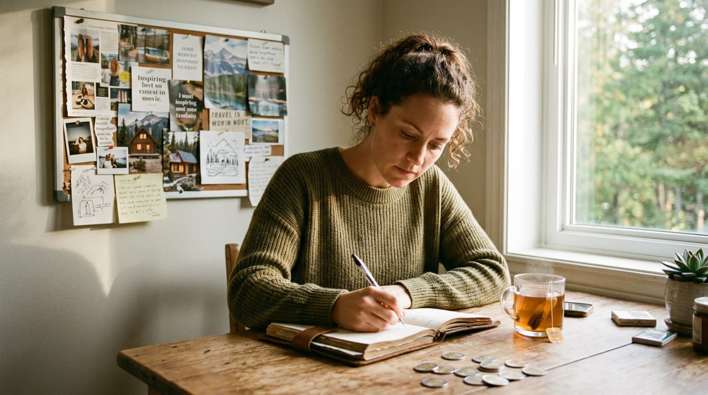 111 meaning money — person journaling financial intentions at a kitchen table with a vision board nearby